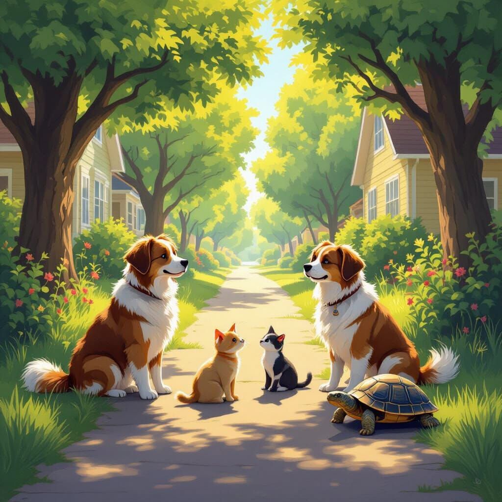 Animals Gather on Sunlit Path in Photorealistic Style