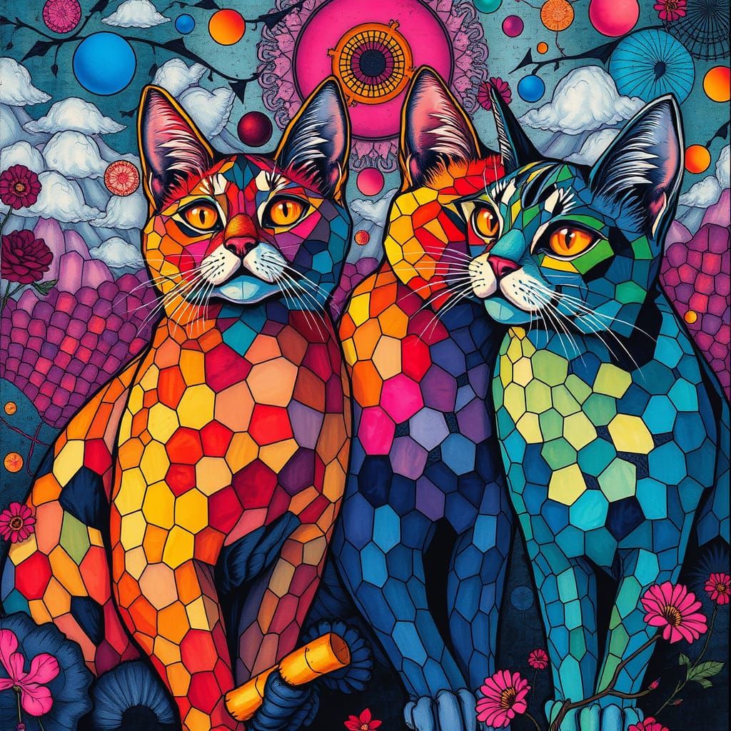 Geometric Cats in a Vibrant, Surreal Scene, Inspired by Art ...