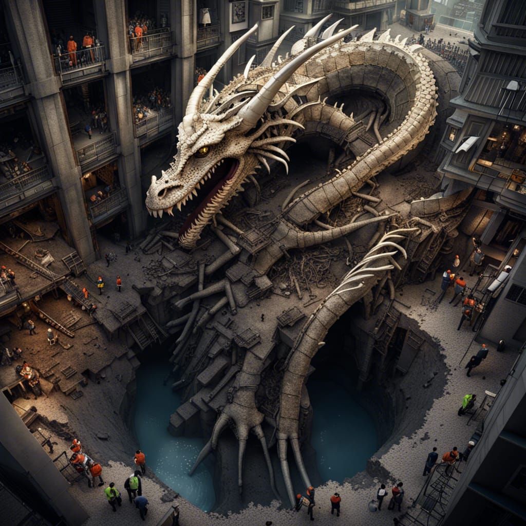 Dragon Skeleton Excavation in Tokyo: Detailed Matte Painting