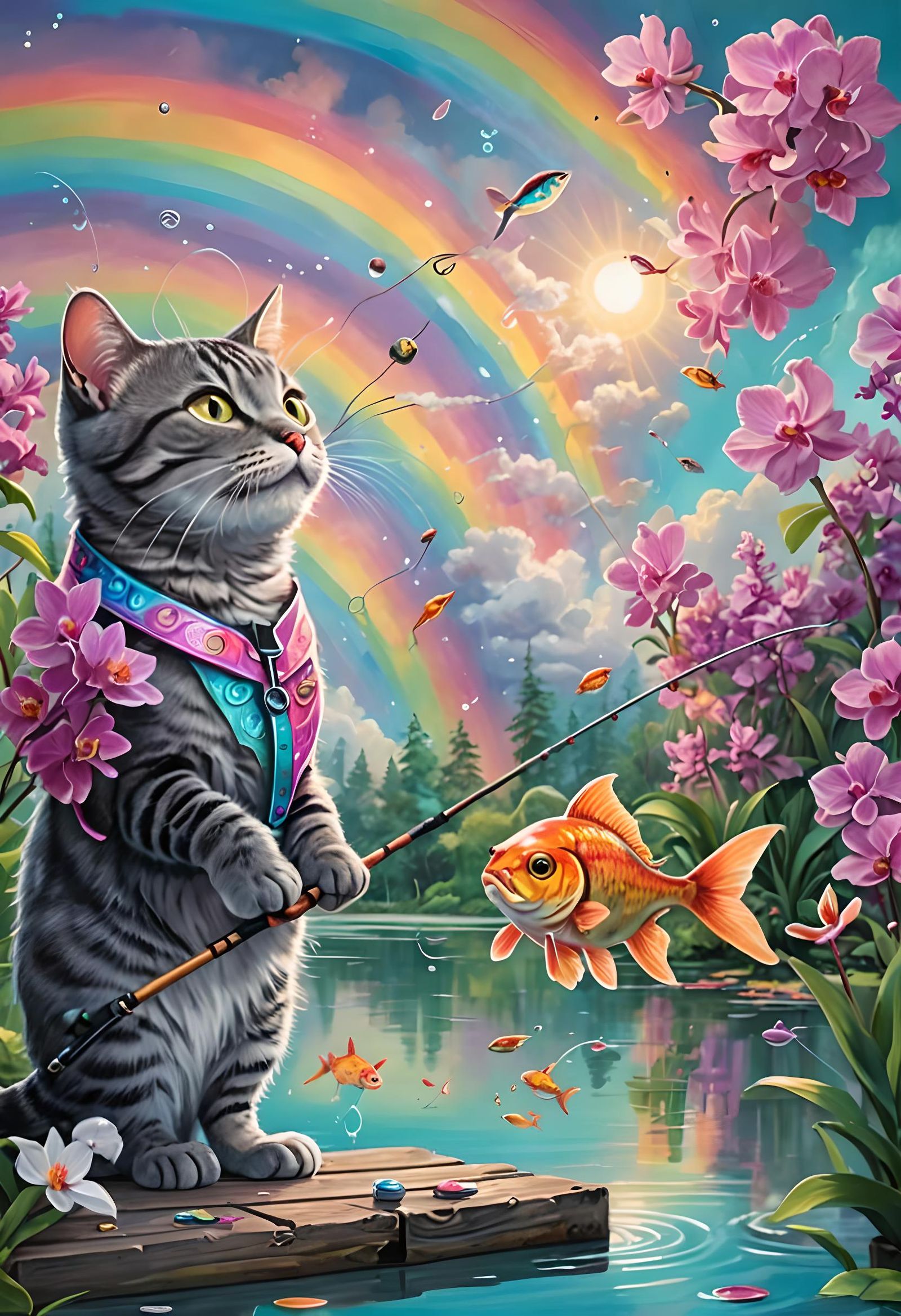 Tabby Cat Fishing Under Pastel Rainbow Sky