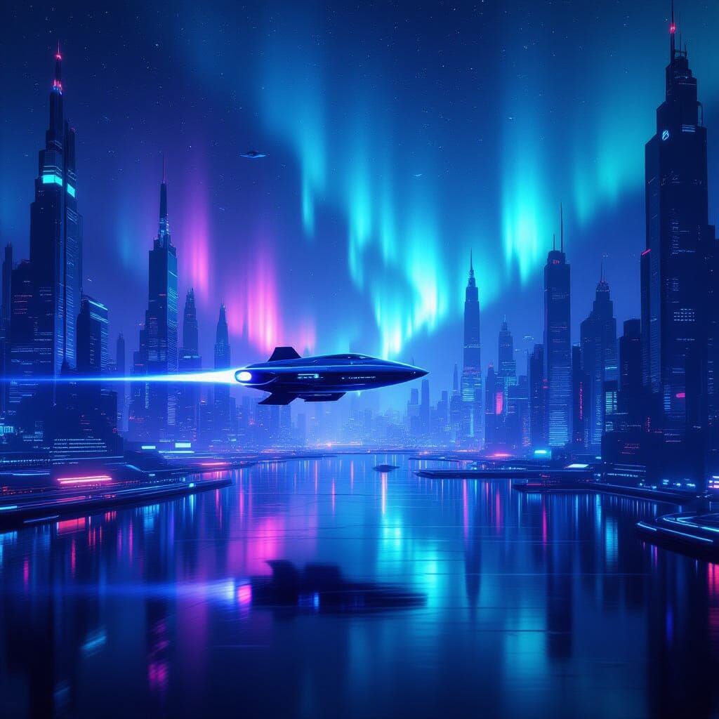 Futuristic Metropolis Aurora Neon Cityscape with Spaceship