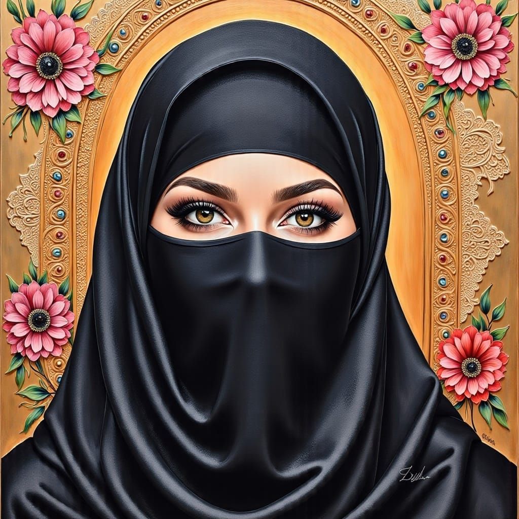 Surreal Niqabi Portrait in Oil Guache Melting Style