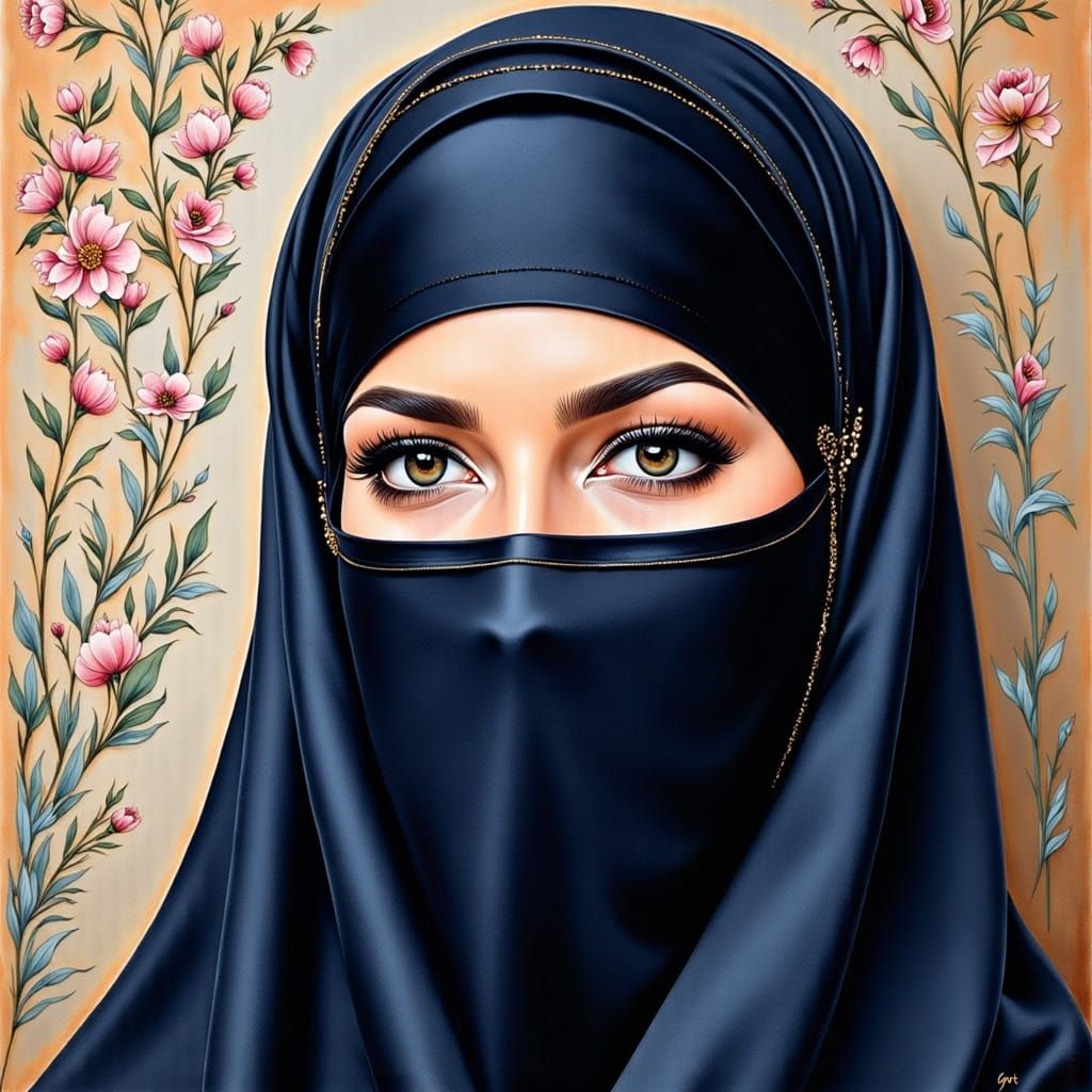 Surreal Portrait of a Niqabi Woman in Vibrant Oil and Guache