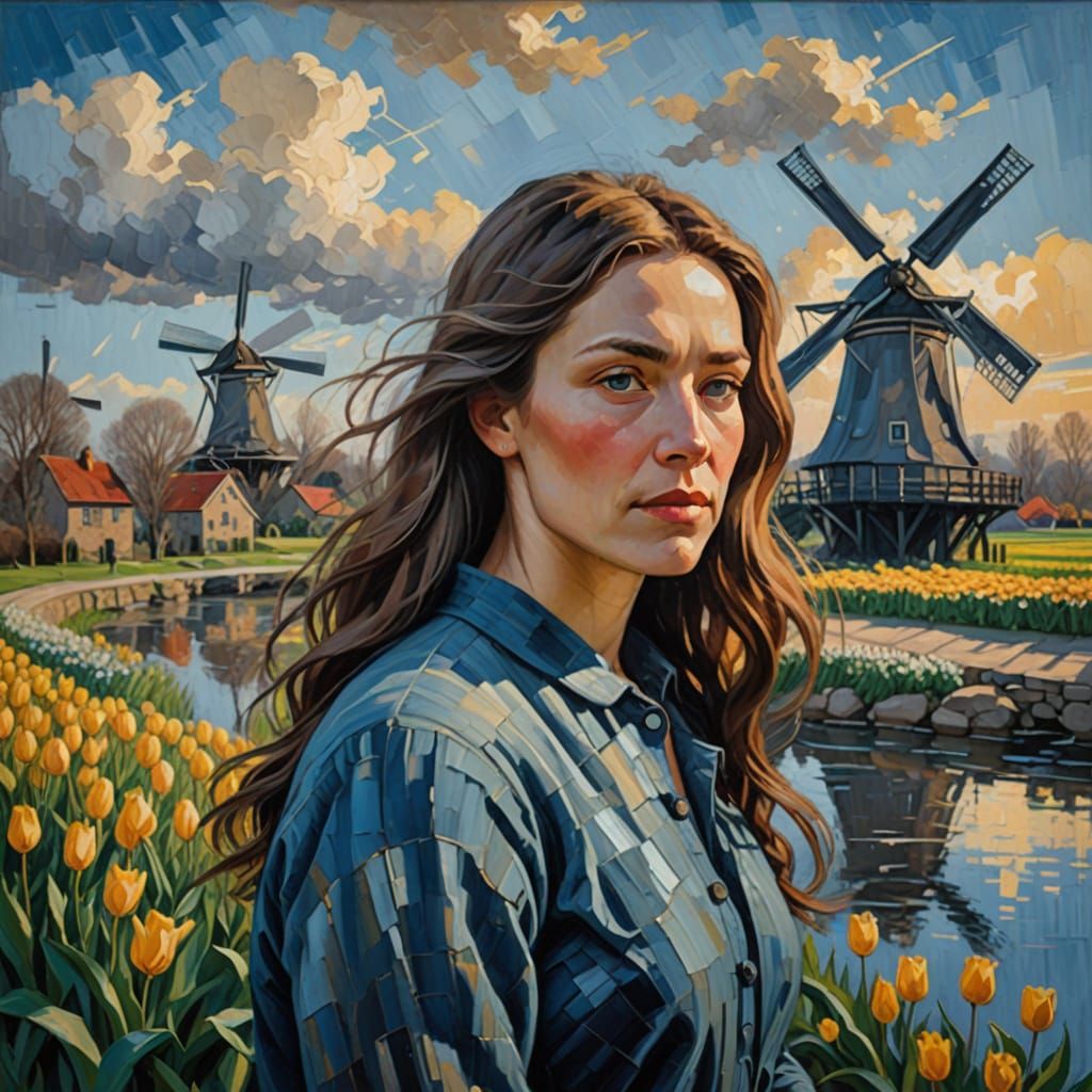 A beautiful young Monalisa in a Tulips field.