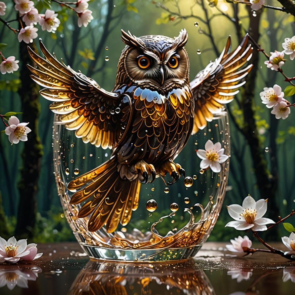 Magical Coffee Owl in Glass, Photorealistic Style