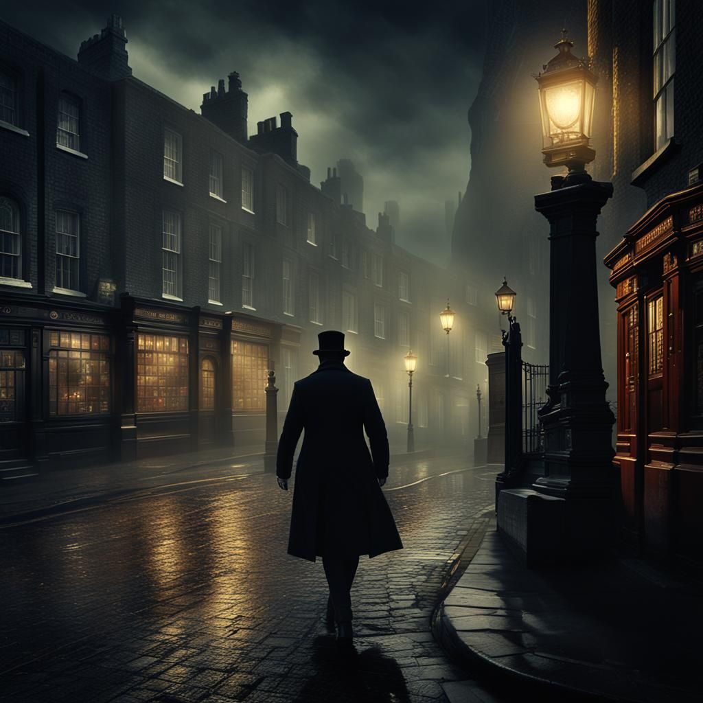 Shadowy Figure in Foggy London: Detailed Matte Painting