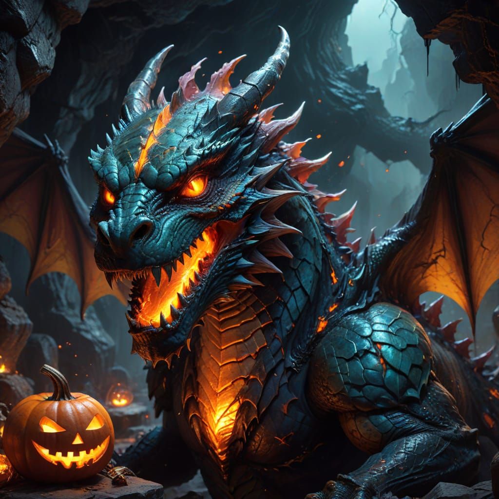 Majestic Halloween Dragon in Dark Cavern