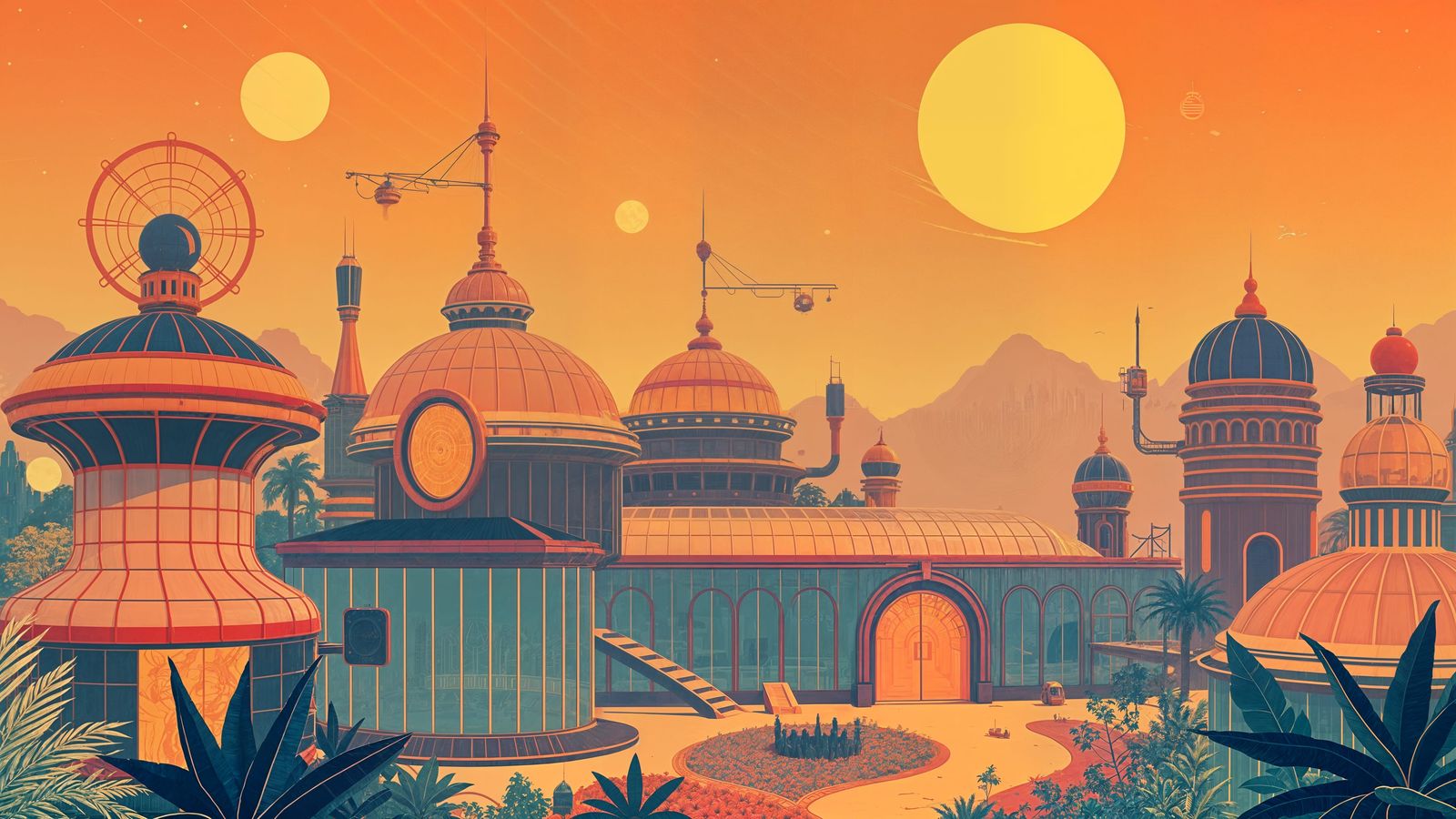 Retrofuturistic Solar Punk Greenhouse City in Art Deco Style