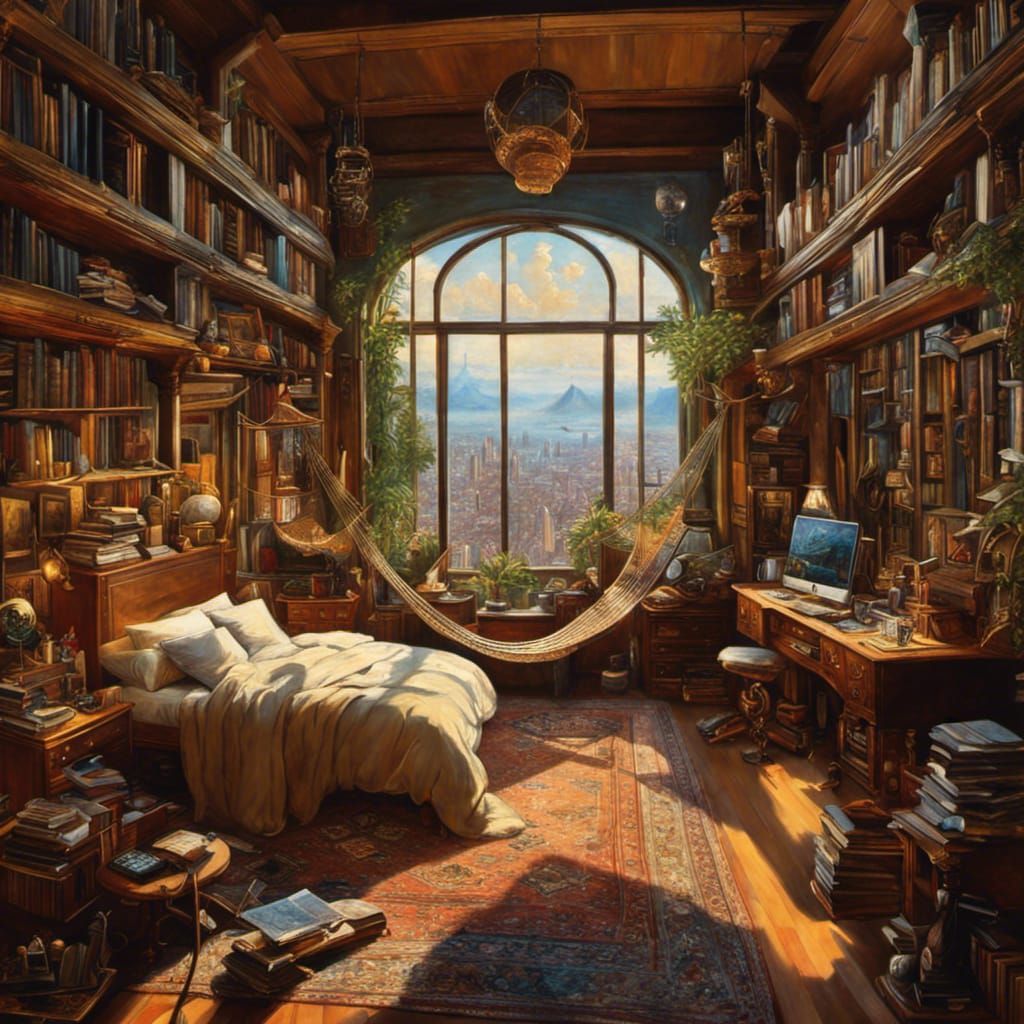 Intricate Bedroom With City View, Oil Painting Style