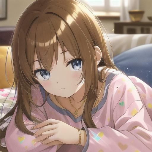 Pretty Girl at Slumber Party in Beige Pajamas