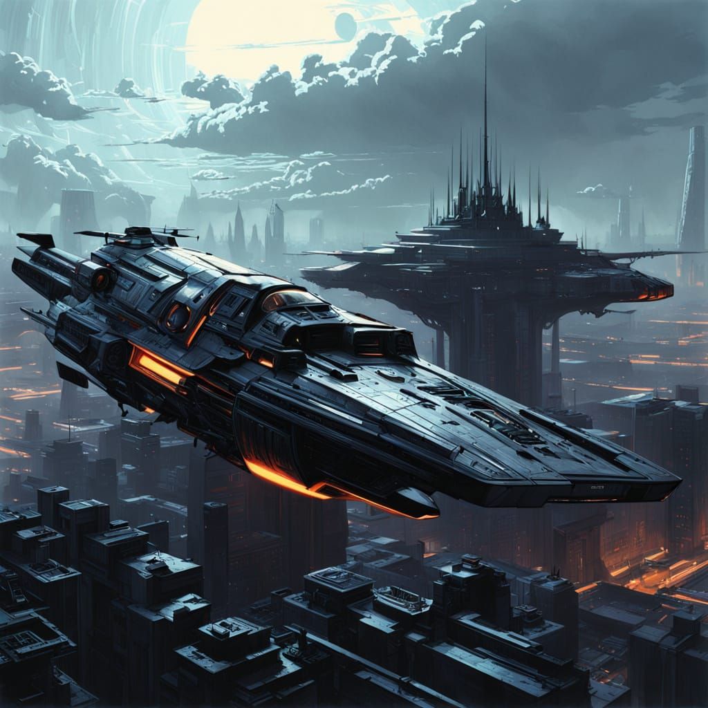 Futuristic Flying Tank in Cyberpunk Cityscape
