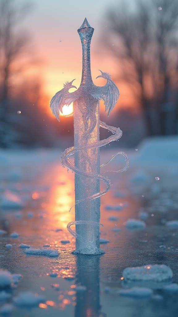 Surreal Ice Landscape with Phoenix in Hyper-Realistic Detail