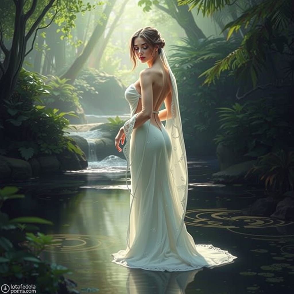 Ethereal Woman in a Secluded Oasis, Softly Illuminated