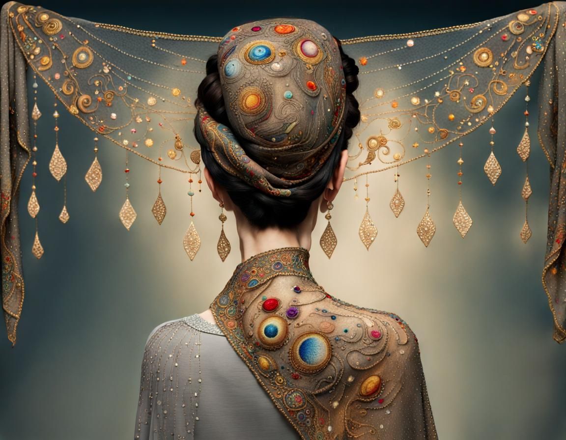 Embroidered Shawl with Gold Sparkles: Art Nouveau Style