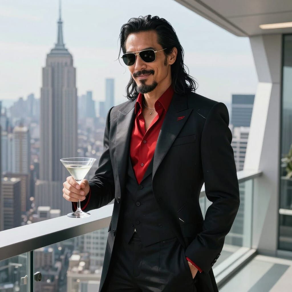 Man in Futuristic Suit on Balcony Overlooking NYC