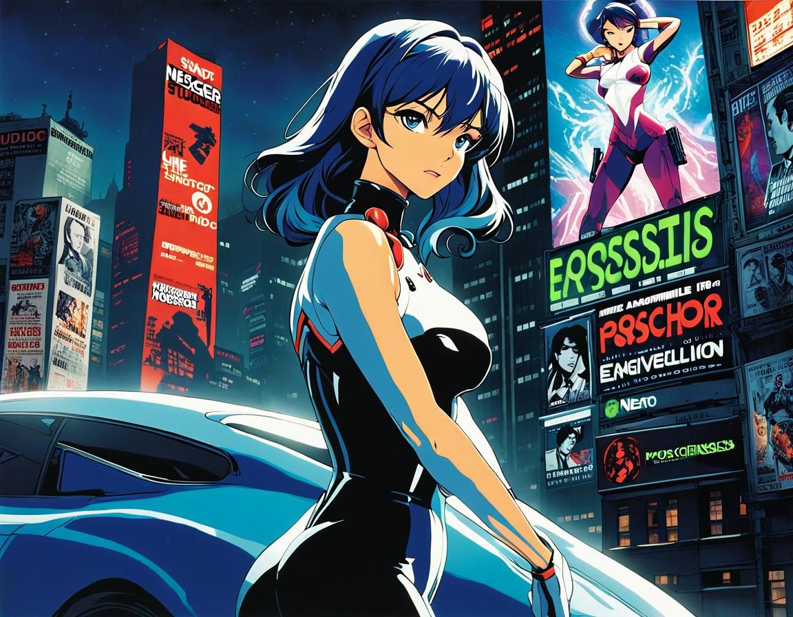 Anime Woman in Scared Pose with Blue Car