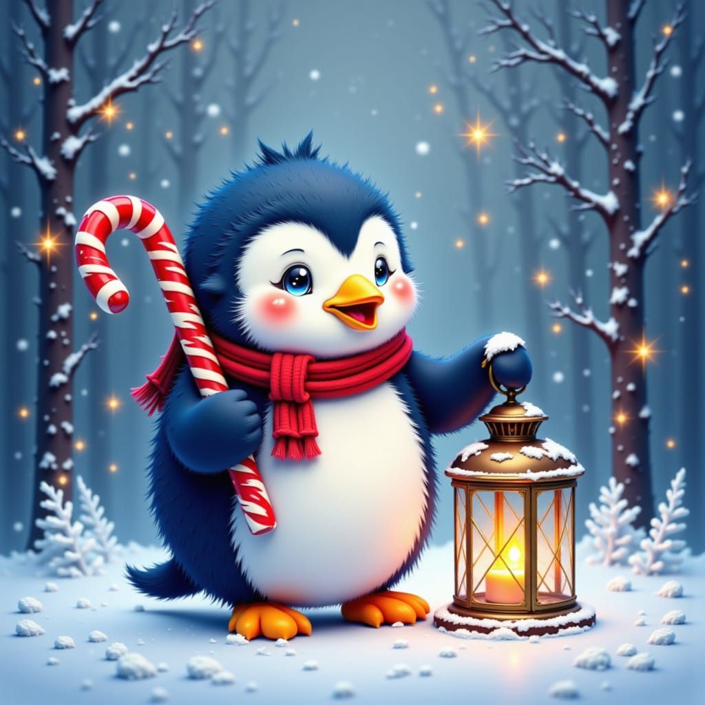 Adorable Baby Penguin Holds Giant Candy Cane by Snowy Lanter...