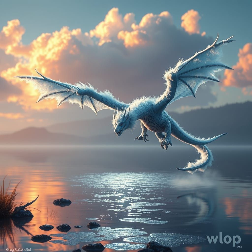 Fluffy Blue Dragon Over Shimmering Lake