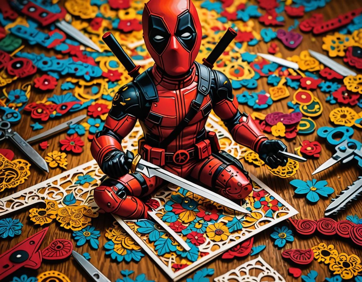 Deadpool wood carving with Deadpool cutting out paper dolls
