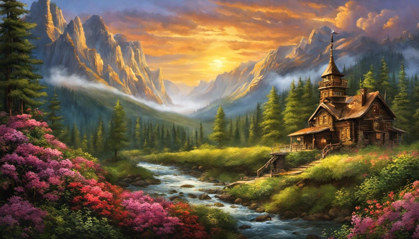 Mountain Landscape Painting with Steampunk Engine