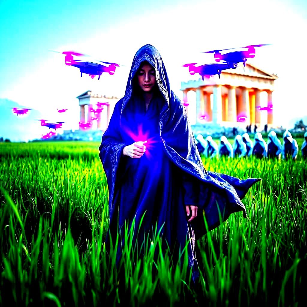 Ethereal Female Figure Amidst Greek Temples in Hyper-Realist...