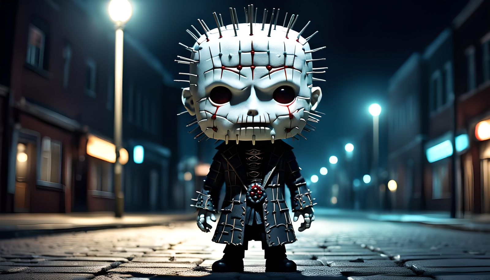 Chibi Hellraiser Pinhead Portrait on a Creepy Street