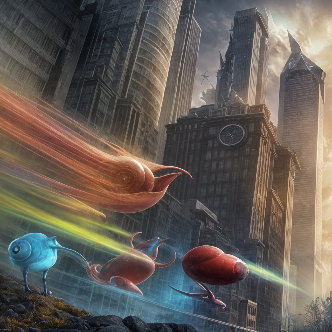 Futuristic Cityscape with Bizarre Creatures in Lam Qua Style