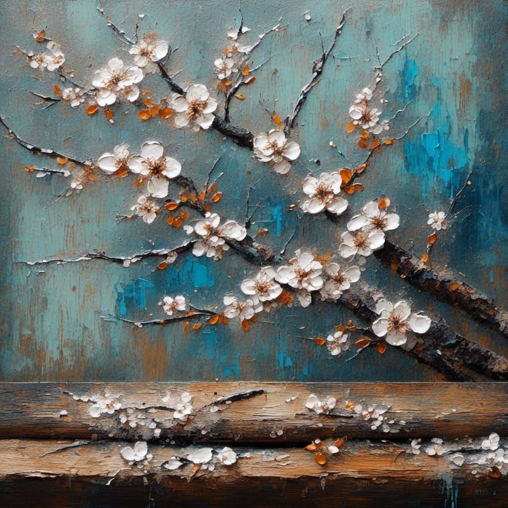 Cherry Blossoms on Weathered Wood: Impasto Oil Painting