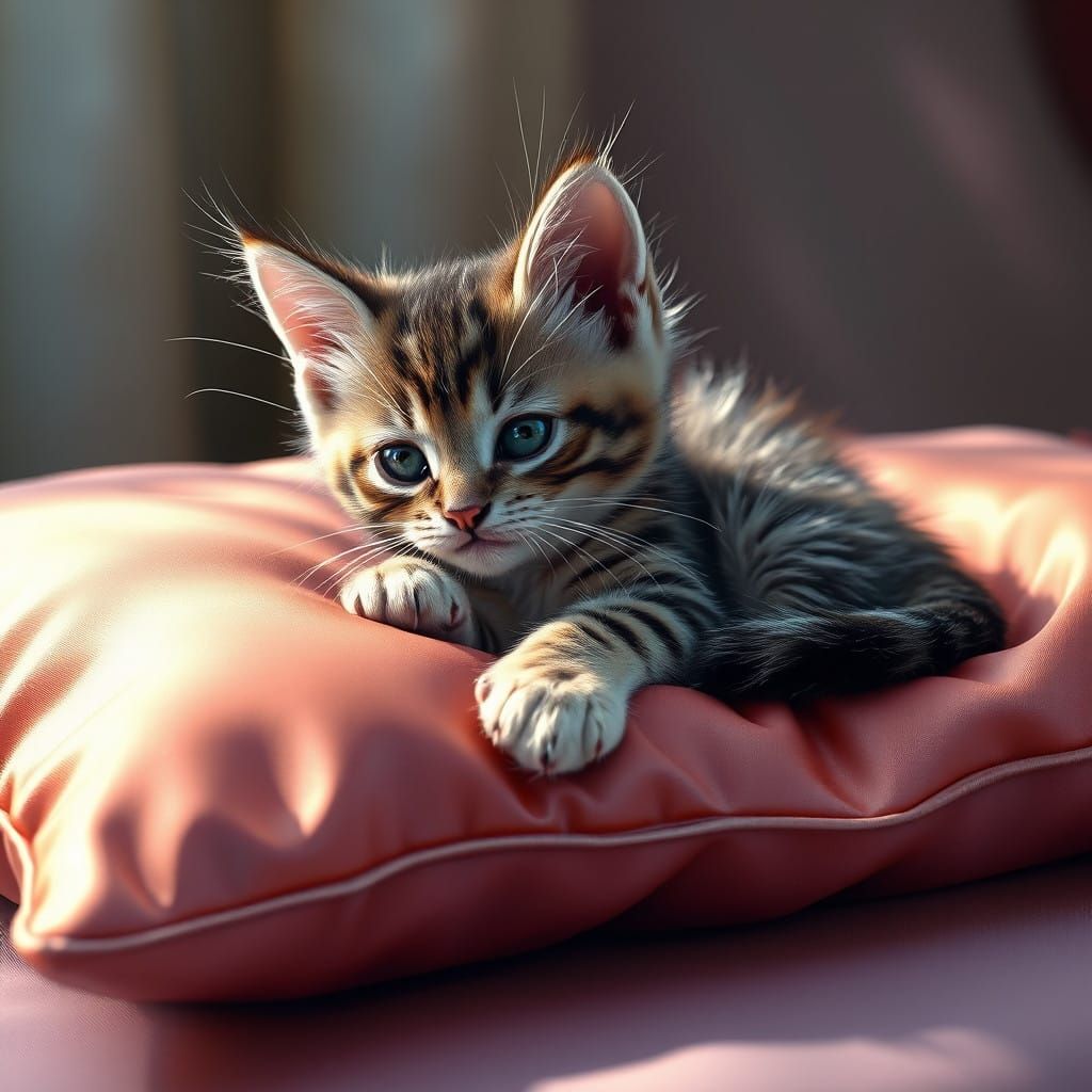 Whimsical Kitten on Satin Pillow in Luxury Art Style