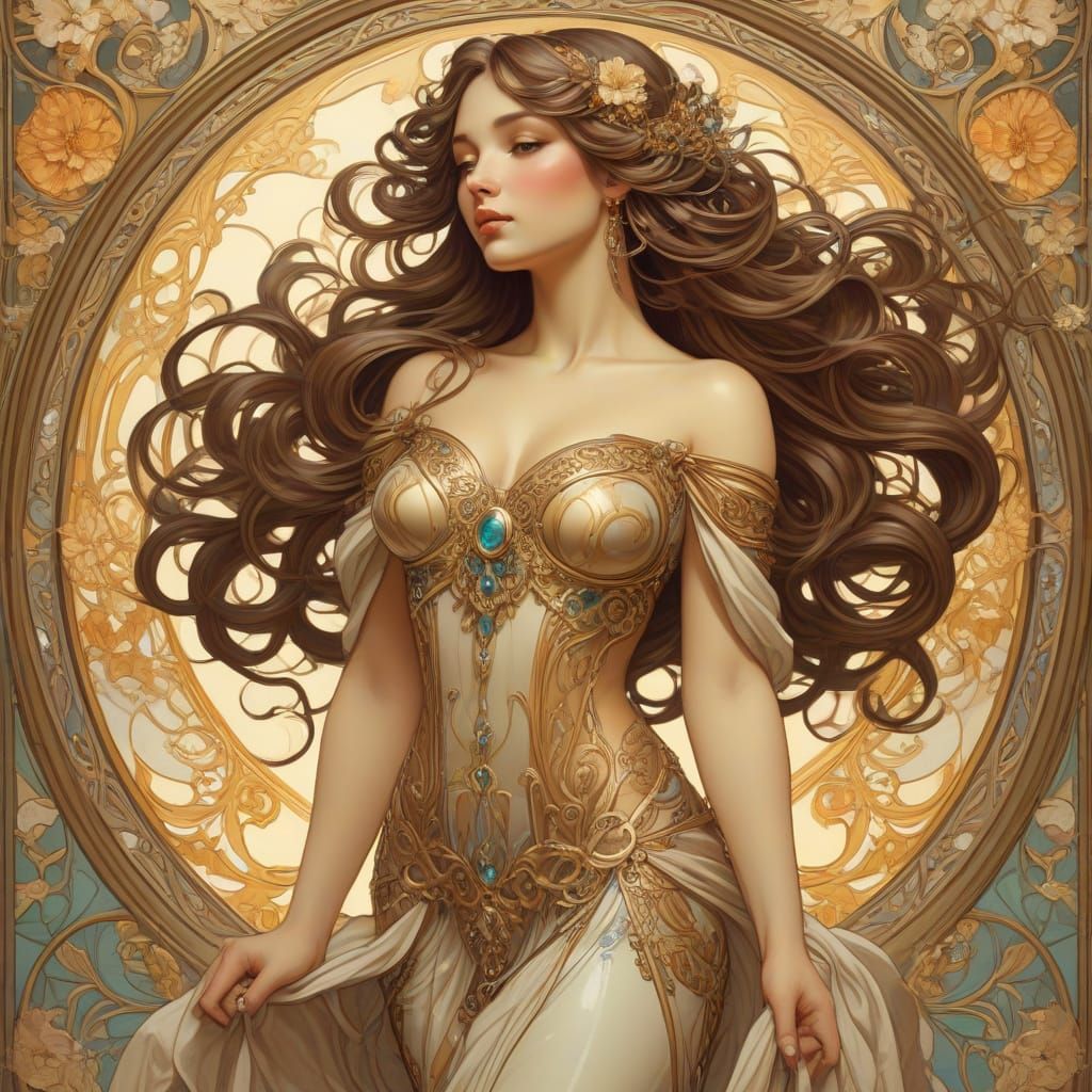 Art Nouveau Brunette with Floral Adornments