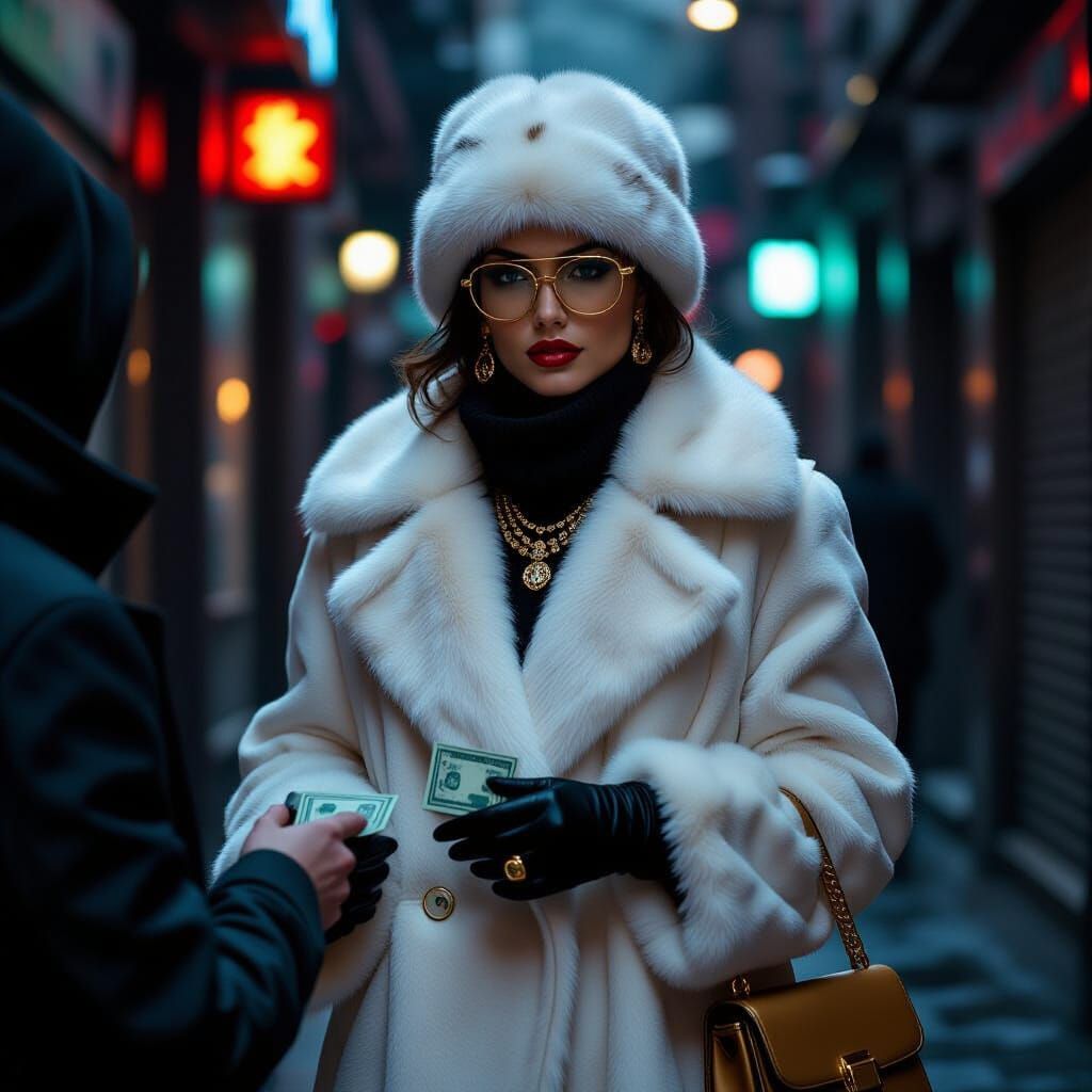 Woman in Fur Coat and Cyberpunk Alley
