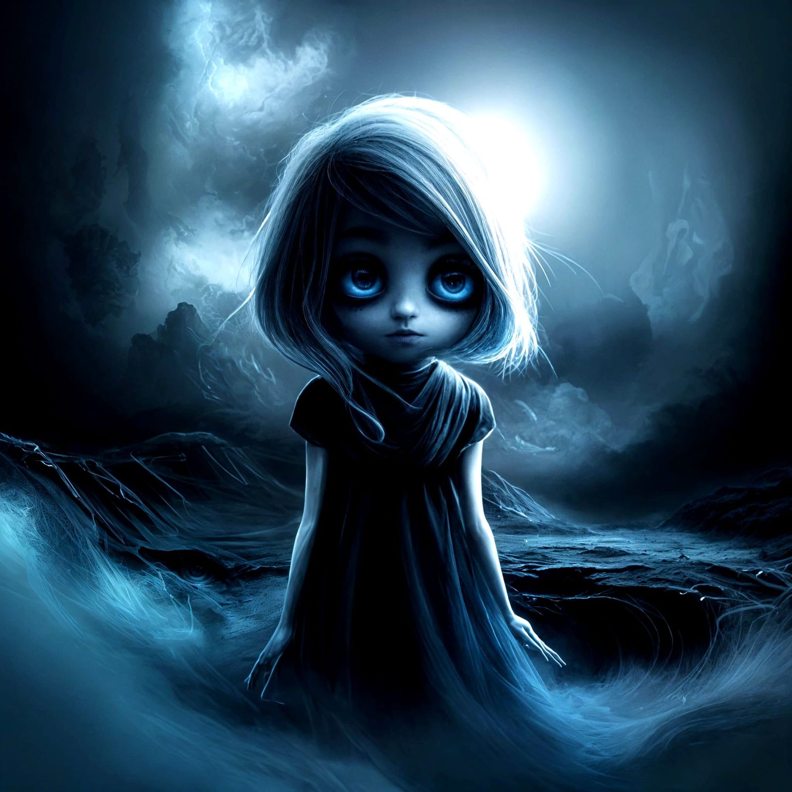 Blue Ghost Girl in Black and White World