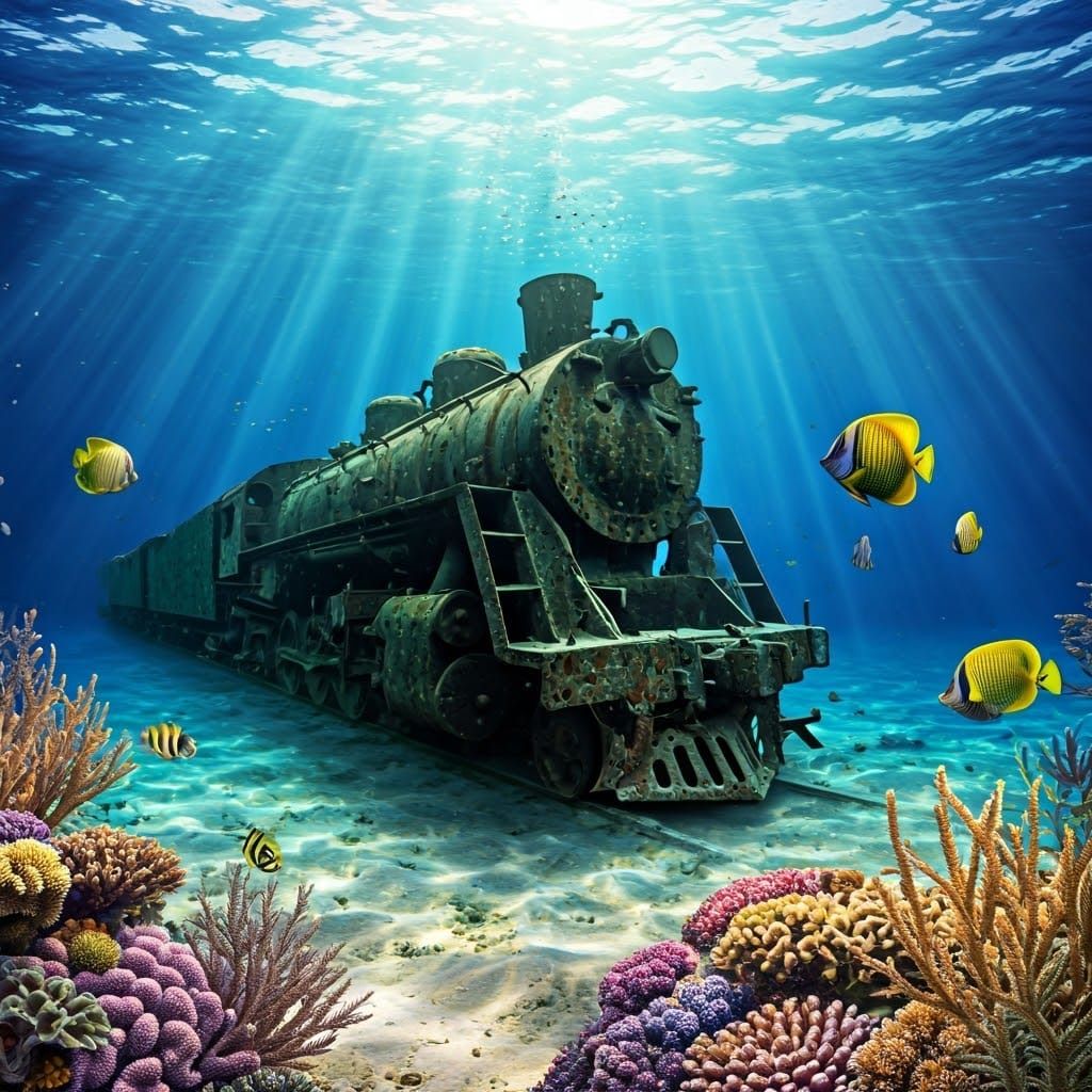 Surreal Underwater Scene of a Train on a Coral Reef