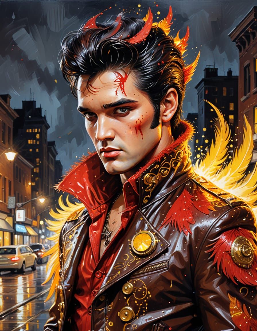 Steampunk Elvis Creature in Fire Red, Oil Painting