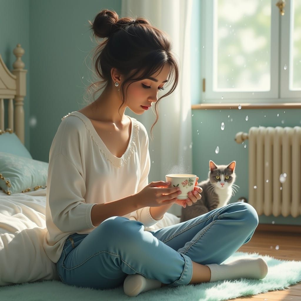 Serene Pakistani Woman in Pastel Bedroom