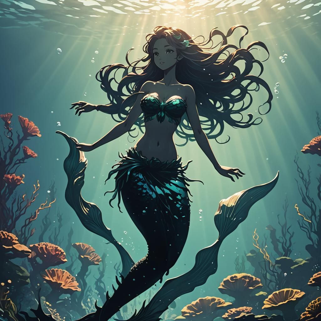 Anime Mermaid Silhouette Dancing Underwater