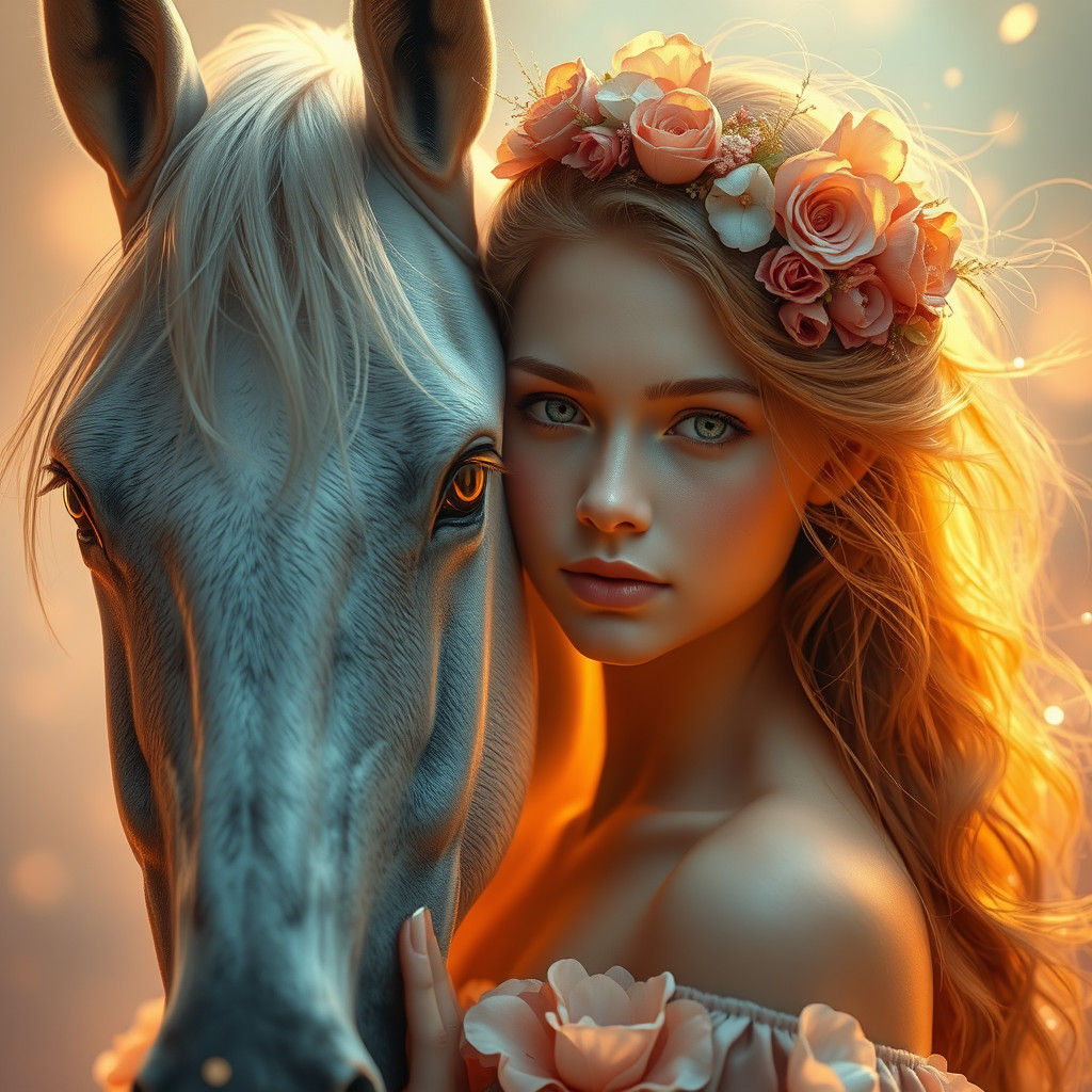Enchanting Fantasy Portrait of Flower Girl and Horse
