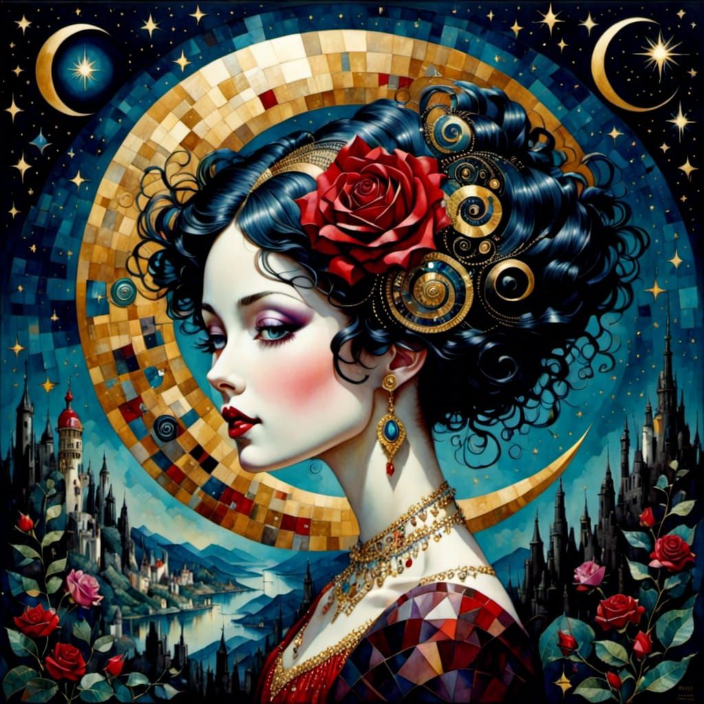 Cute Goth Girl Portrait in Crystal Cubism Style