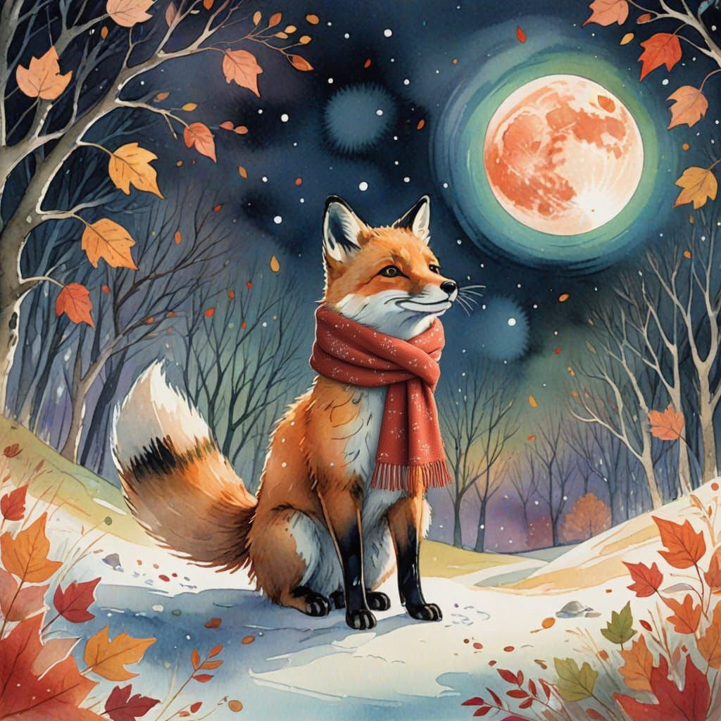 Fox Under Northern Lights in Autumn Snow