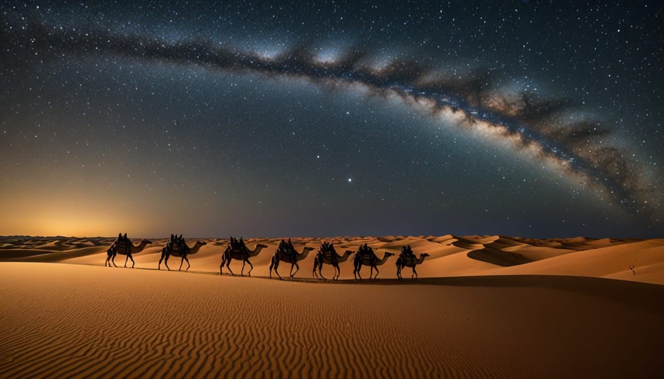 Sahara Camel Caravan Under Starry Night Sky