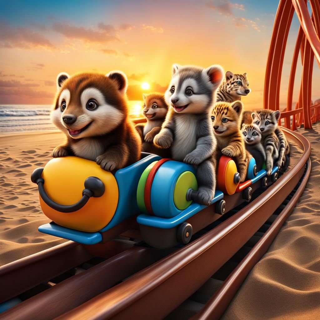 Animal Babies on a Roller Coaster at Sunset