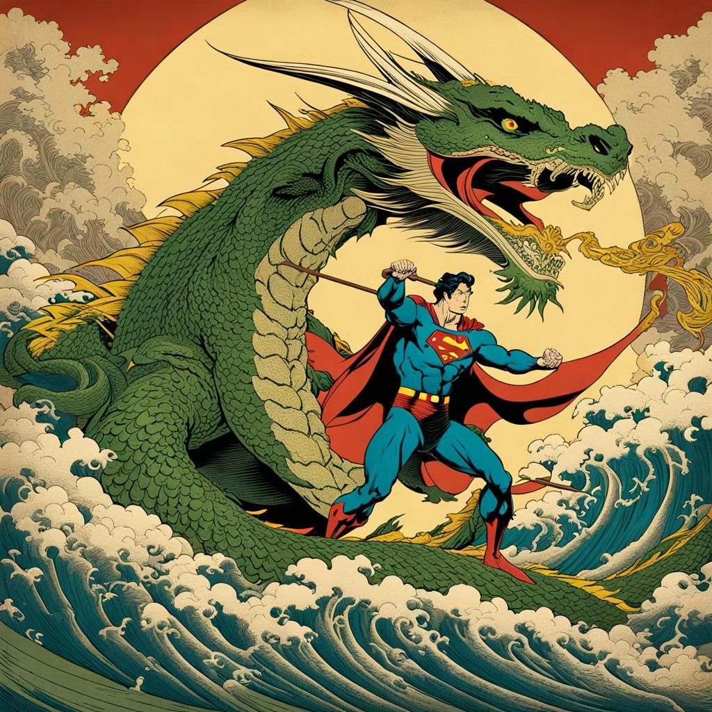 Superman vs Dragon in Ukiyo-e Style Woodcut