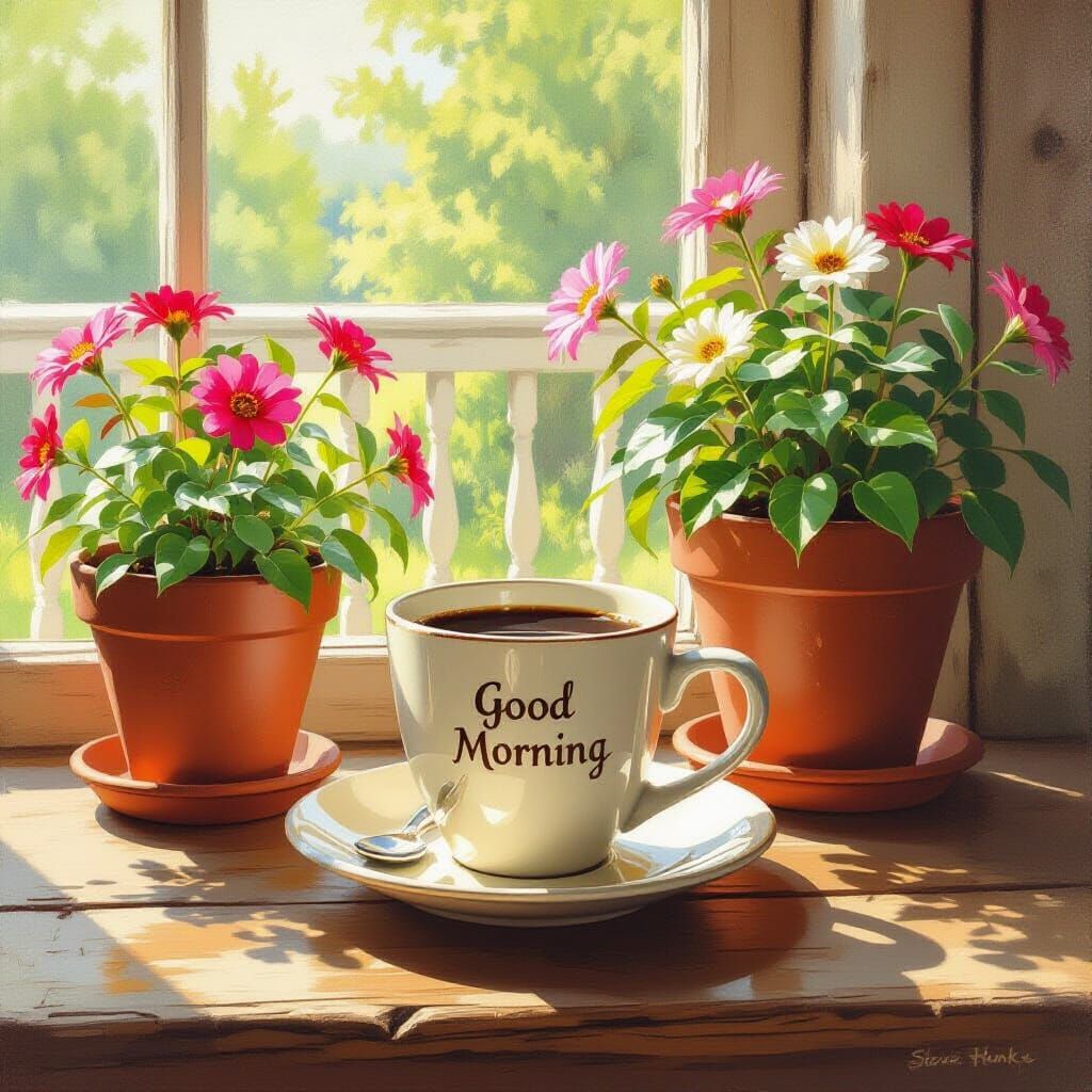 Cozy Morning Coffee on a Flower-Filled Porch