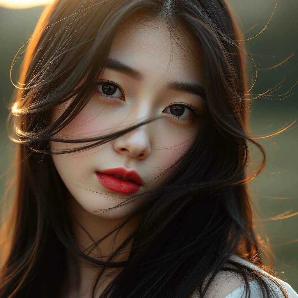 Korean Goddess in Cremisi Dress, Shot in Cinematic Style