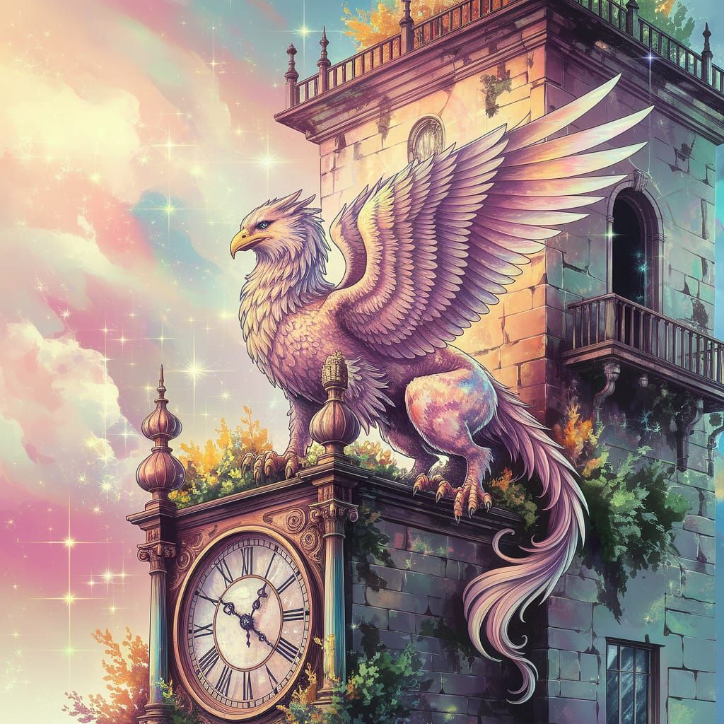 Griffin on Clock Tower in Watercolor and Ink