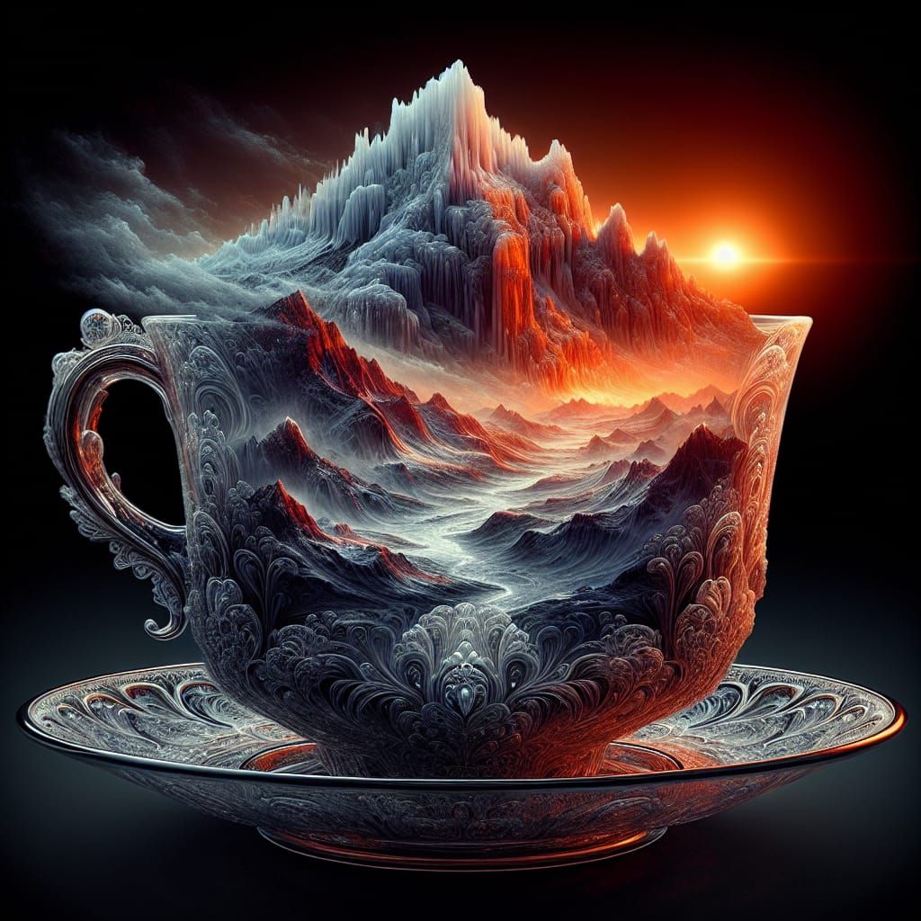 Icy Mountains in Glass Teacup: Photorealistic Image