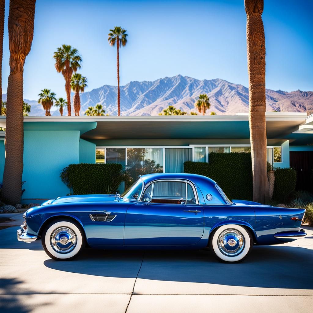 Blue Car Outside Palm Springs Home, Professional Photography