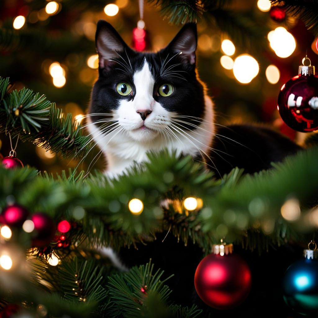 Black and White Cat in Christmas Tree