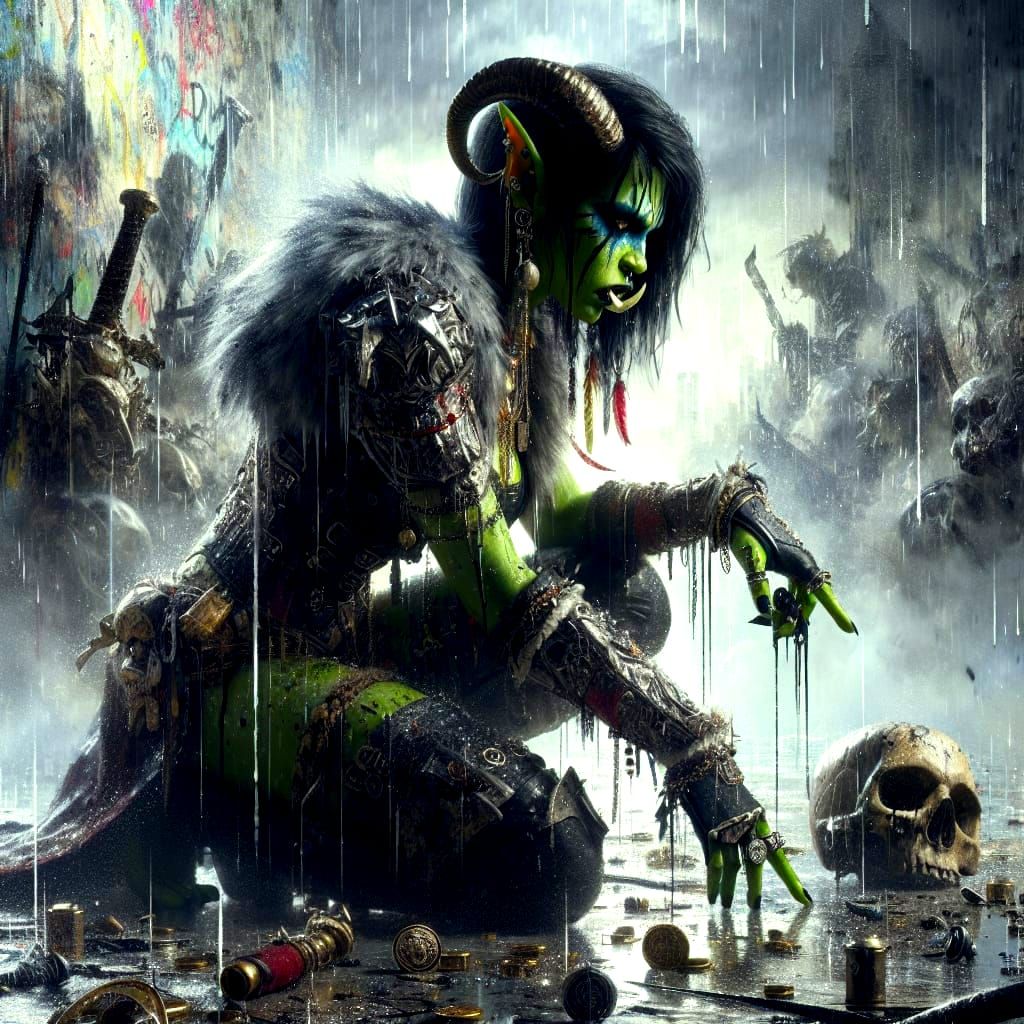 Hypermaximalist Urban Punk Goddess in Rainy Ruins