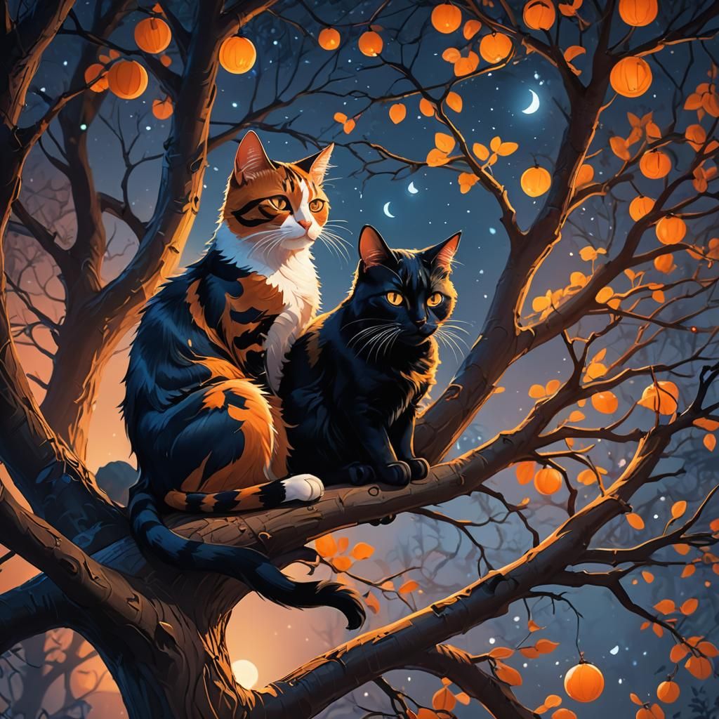 Cats Cuddling in Moonlight: Whimsical Folk Art